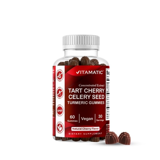 [BRSW2HQYAB6WC2DX] Vitamatic Tart Cherry 360 mg & Celery Seed 30 mg Extract Gummies – Botanical Herbal Supplement – Vegan, Non-GMO, Gluten Free – 60 Gummies