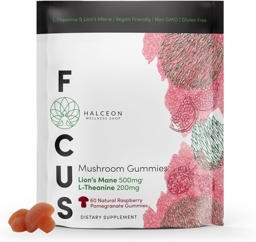 [BRSROGL6PJ6R6CA7] Halceon Wellness Mushroom Gummies - Lion's Mane Mushroom and L-Theanine Supplement for Brain Health - Nootropic Mushroom Supplement - Non-GMO Vegan Lion Mane Mushroom Gummies for Focus - 60 Count