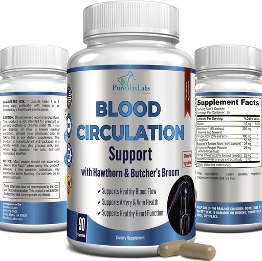 [BRSW2BQCAEMROAYU] Blood Circulation Supplement - with Hawthorn, Butchers Broom, Horse Chestnut, Arginine, Diosmin, Varicose Veins Treatment, Circulation Support - 90 Capsules