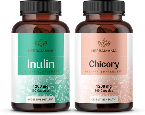 [BRSRAGAYCAAWE3Y7] HERBAMAMA Inulin and Chicory Kit - Bundle of 1200 mg Inulin Fiber & 1200 mg Chicory Root Capsules - Vegan, Non-GMO, Gelatinl-Free - 2 Pack