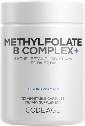 [BRSWYZQHCUMBU23V] Codeage Methylfolat B Complex Suplemen - 5 MTHF, Methyycobalamin 10000mcg Metholine B12, Riboflavin, Betaine, Vitamin B6, Methylation Cycle MTHFR - 2 Bulan - 120 Capsules