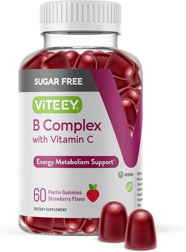 [BRSRMGT4PJ5R4CLB] VITEEY Vitamin B Complex Gummies with Vitamin C, Sugar Free - Energy, Metabolism & Nerve Health - B6, B12, Folic Acid, Biotin - Vegan, Gelatin Free, GMO Free - Tasty Chewable Strawberry Flavored Gummy