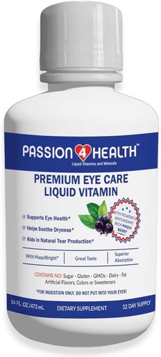 [BRSROEI5B54BEELV] Passion 4 Health Liquid Eye Vitamins - Natural Vision & Adult Eye Care Supplement - Premium Support with Maqui Berry Extract, Gluten-Free, Non-GMO, No Sugar - 30-Day Supply, Made in USA