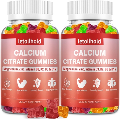 [BRSRAHT7OJ6B63LL] 乳酸钙(Citrate Gummys) - 1200mg 钙(Gummys) 配有镁锌维生素D3,K2,B6,B12 配有骨,肌肉,关节,免疫支持,高吸收性钙(High Accidental Calcium Supplements for Women and Men 2 Packs).