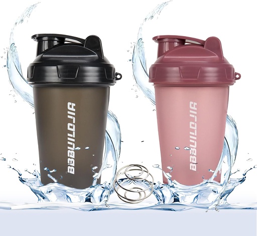 [BRSRAZYYCMGWA3Y7] 2 PACK Shaker Bottle Holds upto 17oz, Blending Ball Whisk, Portable Pre Workout Protein Drink Cup, Mixes Cocktails Smoothies Shakes, BPA Free & Dishwasher Safe Black/Pink