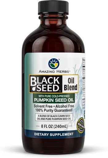 [BRSWIGT5OMIBEEDO] Amazing Herbs Black Seed and Pumpkin Seed Cold-Pressed Oil Blend - Gluten-Free, No Preservatives, High in Omega 3, 6, " 9, Improves Immune Respones " Promotes Digestive Health - 8 Fl Oz
