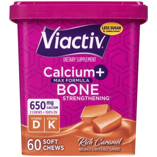 [BRSWIZQHOUHBKGD4] Viactiv Calcium + Vitamin D Supplement Soft Chews for Women & Men - Chewable Calcium for Bone Health Support, 650 mg per Serving, Vitamin D & K for High Absorption - 60 Count, Caramel