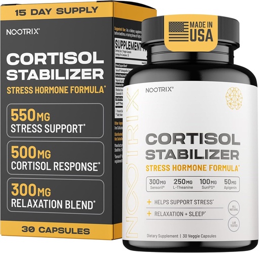 [BRSROAD4BN7A4C36] Nootrix Cortisol Manager & Stabilizer Supplement | Supports Deep Sleep, Relaxation, Adrenal Health & Stress | 300mg Ashwagandha | L-Theanine, Rhodiola Rosea Extract & Apigenin | 30 Capsules