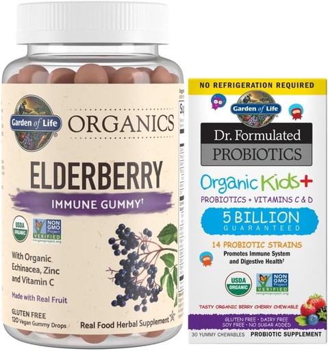 [BRSROCYPDIMRMH3D] Garden of Life Organics Elderberry Gummies for Adults & Kids - Immune Support Supplement & Dr. Formulated Probiotics Organic Kids+ Plus Vitamin C & D - Berry Cherry