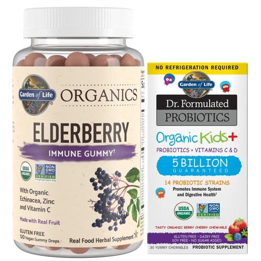 [BRSROCYPDIMRMH3D] Garden of Life Organics Elderberry Gummies for Adults & Kids - Immune Support Supplement & Dr. Formulated Probiotics Organic Kids+ Plus Vitamin C & D - Berry Cherry