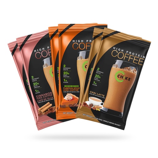 [BRSROFTRAQAWOFDD] Chike Autumn Spice High Protein Iced Coffee Sampler Pack, 20 G Protein, 2 Shots Espresso, 1 G Sugar, Keto Friendly and Gluten Free, 6 Single Serve Packets
