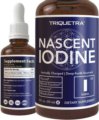 Nascent Iodine Supplement 400 Xidmət, Cam Şüşə, Vegan, 1800 mcg - Drop başına 600 mcg - Pure, Clear Color - Sizinroid Health, Enerji, İmmunity & Metabolism ( oz.)