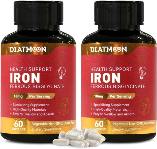 [BRSRAFI2CR7RUD3J] 2 Pack Iron Supplement – Highly Absorbable Iron Bisglycinate Capsules for Adults, 120-Day Supply, Vegan, Non-GMO, Gluten-Free, Supports Energy & Overall Wellbeing