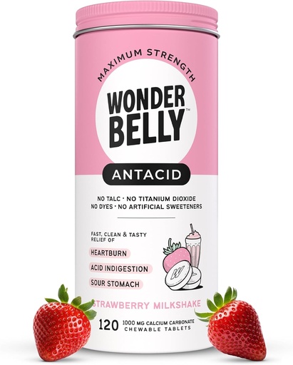 [BRSRAEL7OAAQKAAV] Wonderbelly Antacid, Effective Heartburn and Instant Acid Indigestion Relief, Extra Strength Chewable Tablets, 1000 mg Calcium Carbonate, No Talc or Dye, Strawberry Milkshake, 120 Count