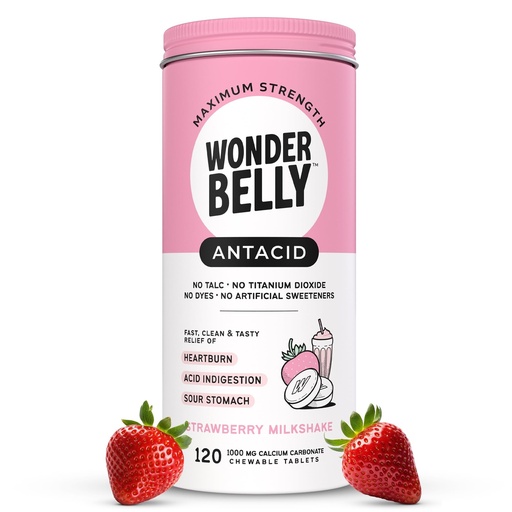[BRSRAEL7OAAQKAAV] Wonderbelly Antacid, Effective Heartburn and Instant Acid Indigestion Relief, Extra Strength Chewable Tablets, 1000 mg Calcium Carbonate, No Talc or Dye, Strawberry Milkshake, 120 Count