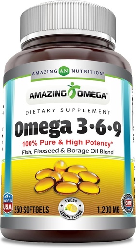 [BRSW2AAFAUAWKH3J] Amazing Omega 3.6.9 Tamam | 1200 Mg | Lemon Flavor | Benzersiz Flaxseed Oil, Borage Oil, Fatty Acids | Non-GMO | Gluten-Free | Made in USA (1 Pack | 250 Softgels)