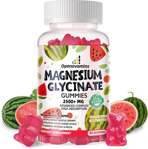 [BRSRAGQTCAMGK2T3] Magnio glicinatas Gummies 2500mg - Cukraus nemokamai magnio kalio papildas su vitaminu D, B6, CoQ10 už Calm Mood & Miego palaikymo - 90 Watermelon Gummies