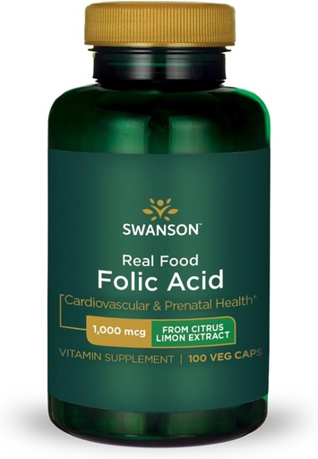 [BRSWG2QZO54AGHQU] Swanson Real Folic Acid Folate Witamina B- 9 Kardiochirurgiczne Prenatal Health z Citrus Limon Extract Vegan Gluten- Free Non-GMO B9 1000 µg 100 Veggie kapsułki (Kapsułki)