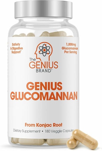[BRSRA234O4HBOCYU] The Genius Brand Genius Glucomannan - Glucomannan Capsules for Digestive Health, Energy & Satiety Support - Natural Fiber for Stomach Comfort - Non-GMO & Vegan - 180 Veggie Capsules