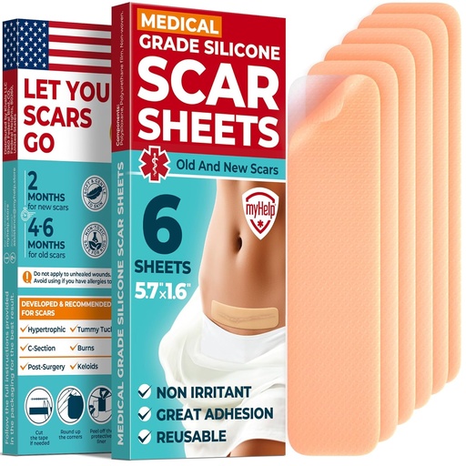 [BRSRAZQYCQNBQ33L] Medical Grade Silicone Scar Sheets - 6pk (5.7”x1.6”) - Visible Difference on Surgical & Keloid Marks - Reusable C-Section Scar Silicone Strips - Easy to Use Strips