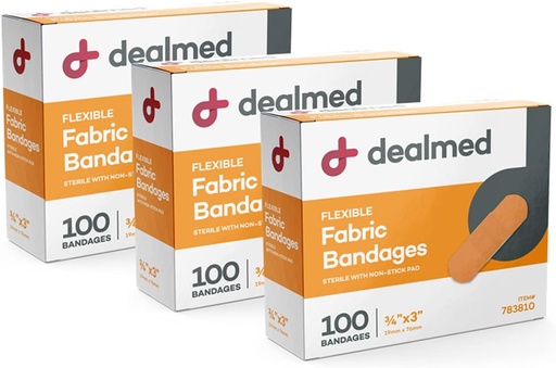 [BRSWKFL4CQMGGG3A] Dealmed Fabric Flexible Adhesive Bandages – 100 Count (3 Pack) Bandages with Non-Stick Pad, Latex Free, Wound Care for First Aid Kit, 3" x 3/4"