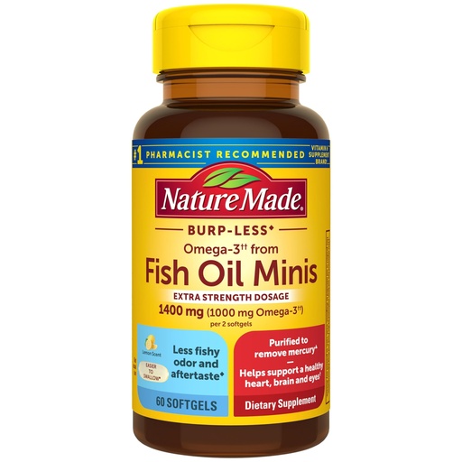 [BRSW2AI3AFYRMAL5] Nature Made Extra Strength Burp Less Fish Oil Omega 3 Supplements 1400 mg Minis, Omega 3 Fish Oil as Ethyl Esters for Healthy Heart Brain Eyes Support, 60 Softgels, 30 Day Supply