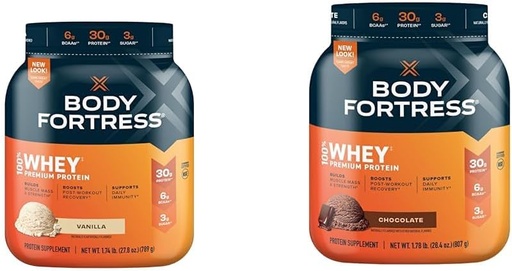 [BRSROBL3DICB6232] Body Fortress 100% Whey, Premium Protein Powder, Vanilla, 1,74 £(Packaging May Vary) & 100% Whey, Premium Protein Powder, Chocolate, 1,78 £(Packaging May Vary)