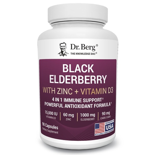[BRSRAFAKDEFGKFIV] Dr. Berg Black Elderberry Capsules (Advanced Immune Support*) with 15,000 IU Vitamin D, 60 mg of Zinc, & 90 mg of Camu Camu - (4-in-1) Sambucus Elderberry Immune Support Supplement - 90 Capsules