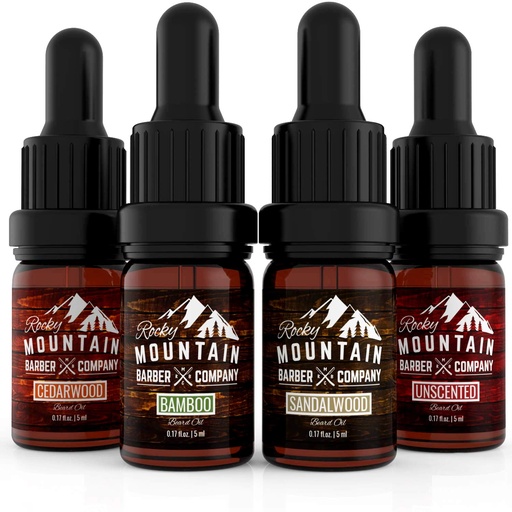 [BRSWGBLQPJ7A2ELF] Rocky Mountain Barber Company Beard Oil Sample Size Pack - 4 Unique Beard Oil Varieties (0.17 oz each) - Cedarwood, Sandalwood, Bamboo & Unscented – Contains Essential Oils