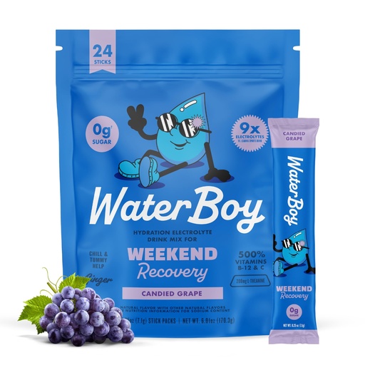 [BRSROZ35OYCWK3I7] Waterboy Weekend Recovery | 3,187mg Electrolyte Powder Packets | Ginger + L-Theanine + Vitamins | No Sugar, All Natural, Gluten Free | 24 Drink Stick Mixes (Grape)