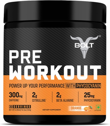[BRSROBD6CEHWGAYZ] Bolt Pre Workout Supplement with Caffeine, Citrulline Malate, B-Alanine, Taurine | Explosive Energy, Pump & Focus |300g,30 Servings | Tangy Orange