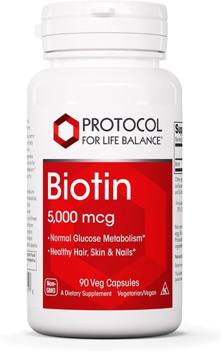 [BRSWIY3YC4DAOC3M] PROTOCOL FOR LIFE BALANCE Biotin 5,000mcg - Vitamina B7 Suplemento - Cabelo, pel, Nails soporte - para o metabolismo carb e crecemento celular - Capsules Biotina Vitamina B - 90 Veg Capsules