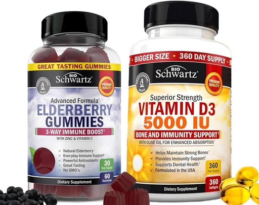 [BRSRABIHO4AREFI6] BioSchwartz Elderberry Gummies with Zinc and Vitamin C for Adults Immune Support (1 Month Supply) Plus High Strength Vitamin D3 5000 IU 125 mcg (1 Year Supply)