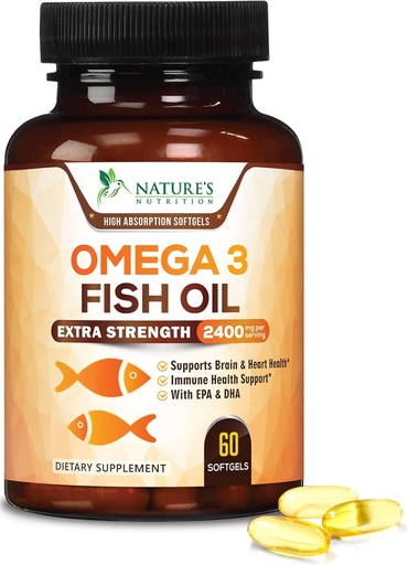 [BRSWKHY5CIAA4DLE] Omega 3 Fish Oil 2400 mg – Triple Strength EPA & DHA Fatty Acids for Heart, Brain & Joint Support – Wild-Caught, Burpless, Lemon Flavor Supplement – Natural, Non-GMO, Gluten-Free – 60 Softgels