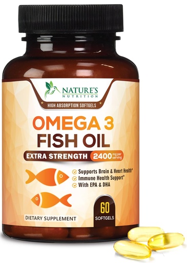 [BRSWKHY5CIAA4DLE] Omega 3 Fish Oil Supplements - 2400mg Fish Oil Per Serving - Triple Strength Omega-3 with EPA & DHA Fatty Acids - Natural Heart, Brain & Immune Support - Wild Caught, Bottled in USA - 60 Softgels