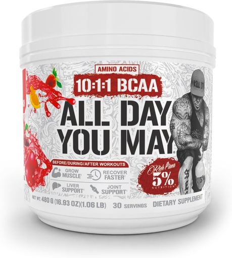 [BRSW22YHDF7REHTO] 5% Nutrition Rich Piana AllDayYouMay BCAA Powder | Premium Intra & Post Workout Aminoacidi, Idratazione, Endurance, recupero del muscolo, Joint & Liver Support | 16.93 oz, 30 Serve (Fruit Punch)