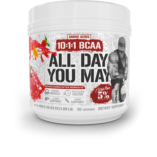 [BRSW22YHDF7REHTO] 5% Nutrition Rich Piana AllDayYouMay BCAA Powder Premium Intra & Post Workout Amino Acids, Hydration, Endurance, Muscle Recovery, Joint & Liver Support | 16.93 oz, 30 Servings (Fruit Punch)