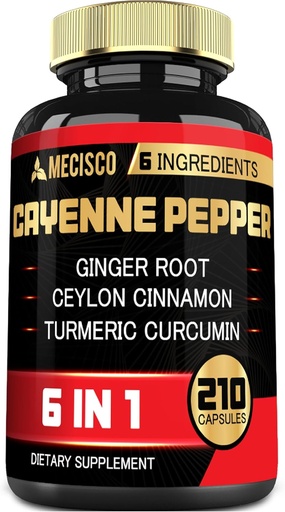 [BRSROHQ7O4NB4CT3] 6in1 Cayenne Pepper extract kapsulak Turmeric Curcumin Root, Piper Beltza eta More-rekin - Digestio-sistema, bihotzeko osasuna, immunitate-funtzioa - 210 kapsula
