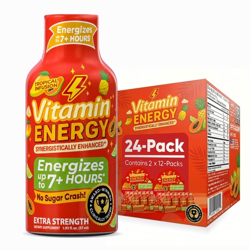 [BRSRAGL6CUHQI3TP] Vitamin Energy Tropical Infusion Extra Strength Energy Shot, 24 Pack - Up to 7 Hrs, 260mg Natural Caffeine, Zero Sugar - BCAAs + CoQ10, Focus Support, B12 B6 Niacin, 1.93 fl oz, Keto Vegan