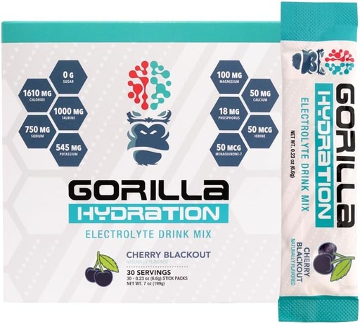 [BRSROHYDC4NA42DD] Gorilla Mind Hydration Packets - 3,073mg Electrolytes On The Go Convenient Drink Mix for Comprehensive Replenishment - Zero Sugar, Naturally Sweetened & Fasting Friendly - 30 Count (Cherry Blackout)