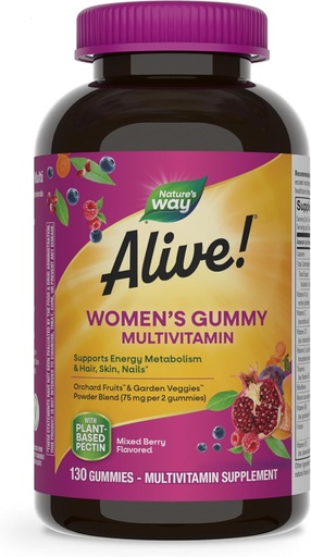 [BRSWGYIBPMGR623G] Nature's Way Alive! Dagelijkse Gummy Multivitaminen, 16 Vitaminen & Mineraal, Energie Metabolisme*, Haarhuid & Nagels*, Vegetarisch, Gemengde Berry Gearomatiseerd, 130 Gummies (Verpakking mei Vary)