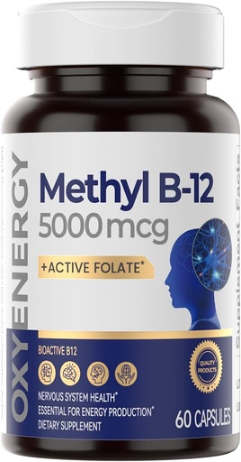 [BRSRAFIOBYPW2FD4] OxyEnergy Methyl Vitamin B12 5000mcg, Extra Strength Methylcobalamin B- 12 Kosttilskud med folat, Support Nerves, Energy Metabolisme & Cognitive, 60 Kapsler