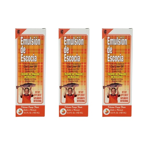 [BRSWGHTYDMNBSE3H] Emulsion de Escocia. Cod Liver Oil Dietary Supplement. Rich in Vitamins A, D, E and B1. Orange Flavored. 6.5 Fl.Oz / 192 mL. Pack of 3