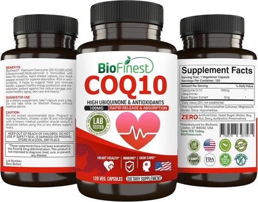 [BRSROAIPBYAQOA3F] BioFinest CoQ10 Coenzyme Q10 100mg Supplement - Rapid Release Fast Absorption - Immune Heart Energy Antioxidant (120caps)