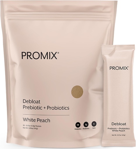 [BRSROBIEC57QK3TL] ProMix Nutrition Debloat Prebiotikai ir probiotikai, Bloating Relief for Women, Gut Cleanse Detox vyrams ir imuninei paramai - Baltas Persikas - 30 Paslaugos (pakuotėje 30)