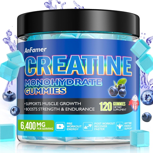 [BRSRAGTYCF6QOYLH] Creatine Monohydrate Gummies for Men & Women, Increase Strength and Build Muscle, Energy & Booty Gain, Preworkout Supplement, Sugar Free, Vegan, Chewables Blueberry Flavor-120 Count