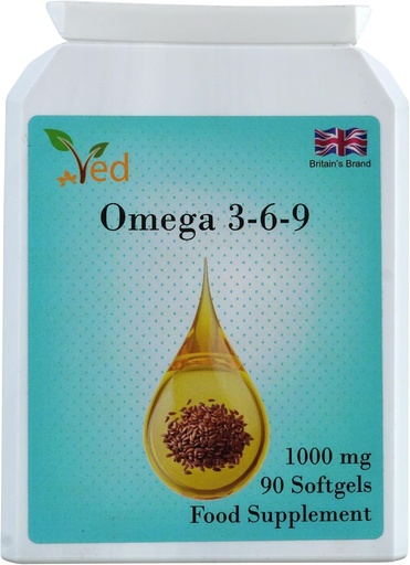 [BRSRAZL2CJYQEC32] Ved Omega 3-6-9 Food Supplement softgel, from Cold Press Flaxseed Oil, 1000 mg 90 Soft Gel - 90 Days’ Supply.