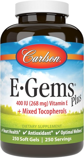 [BRSWIYILOAMWA3T2] Carlson - E- Gems Plus, Naturala Vitamina E 400 IU, ajuda un cor de salut, 250 gels suaus