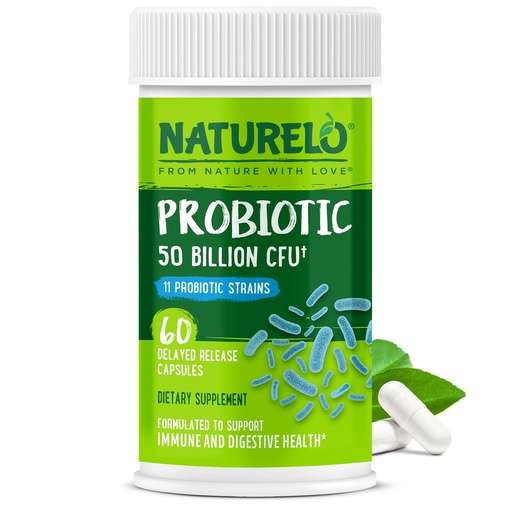 [BRSWGFQPC4BBG2Y2] NATURELO Probiotics for Digestive Health, 50 Billion CFU, 60 Vegetarian Capsules, 11 Strains, Daily Use Supplement, Delayed Release, No-Fridge, Boosts Immune System, Probiotics for Women & Men