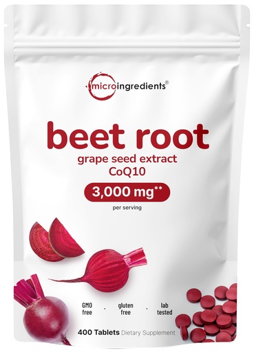 [BRSRAGL7OYHQMDY7] Micro Ingredients Beet Root 3,000mg with Grape Seed Extract & CoQ10, 400 Tablets | 200 Servings | Super Beets Supplements from Fresh Beetroot Extract